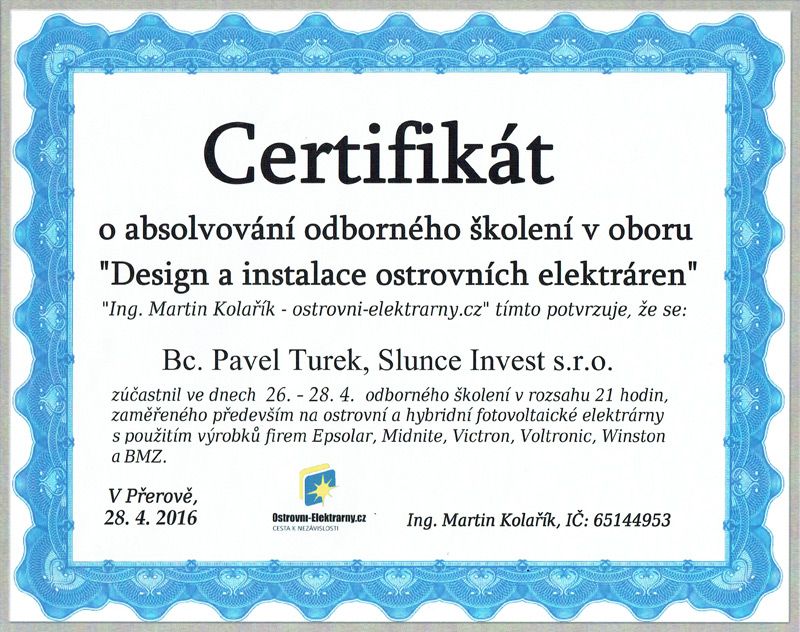 Certifikát Slunce Invest