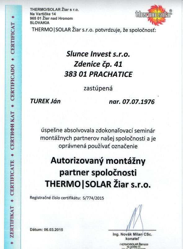 Certifikát Slunce Invest